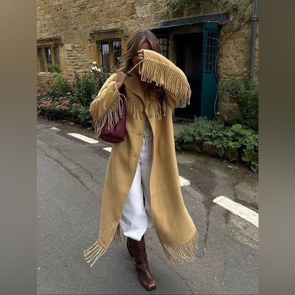 Vericci Tan Suede Fringe Leather Coat • Western Boho Festival Jacket (S) - Picture 12 of 15